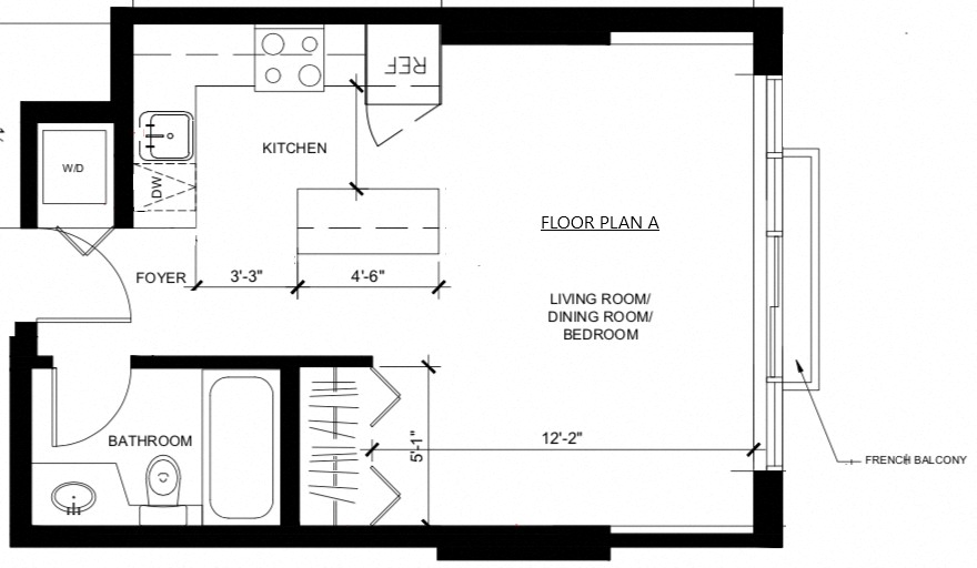 Floor plan for studio, 1 bath, 371 sqft